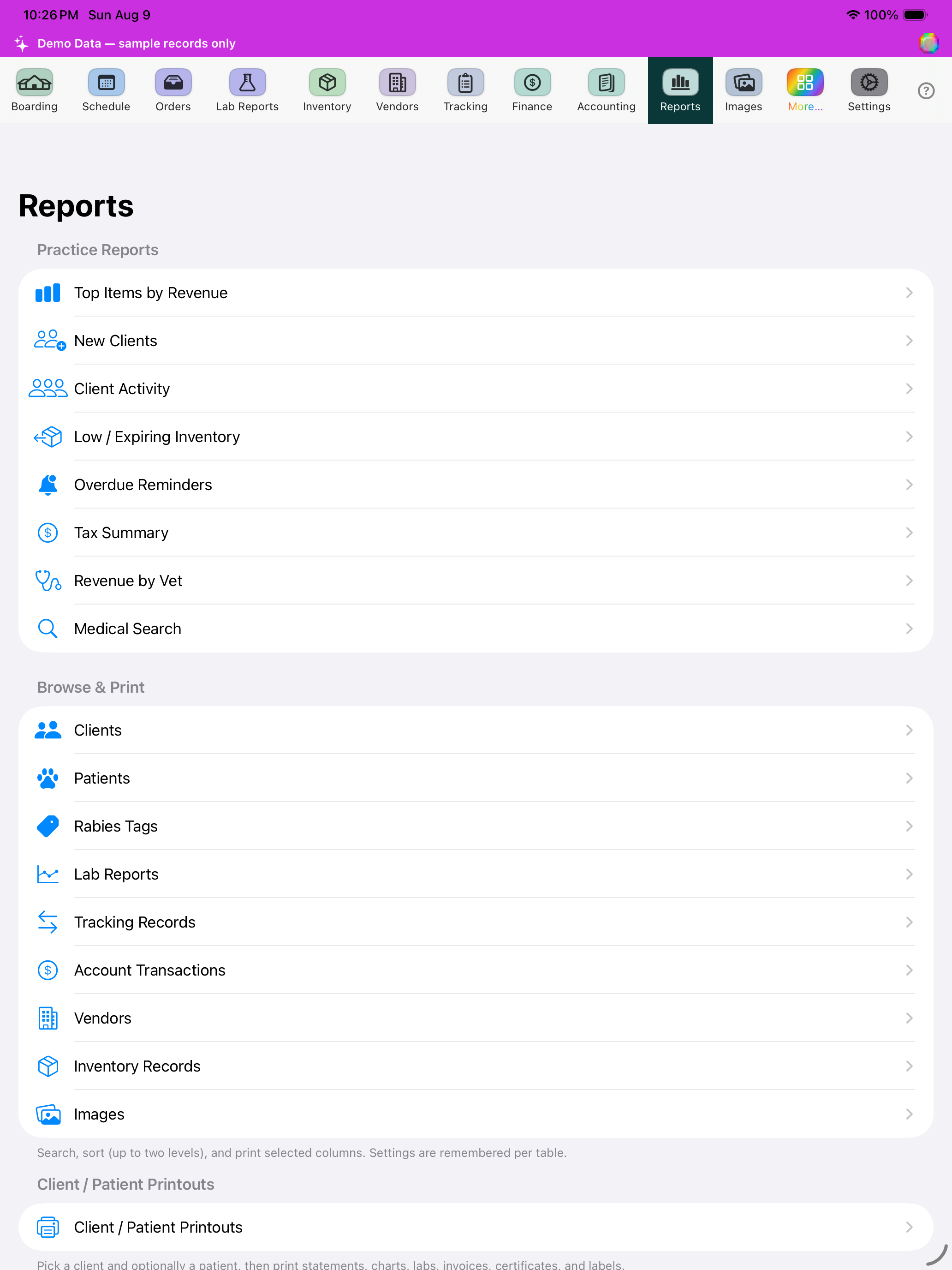 Reports screenshot