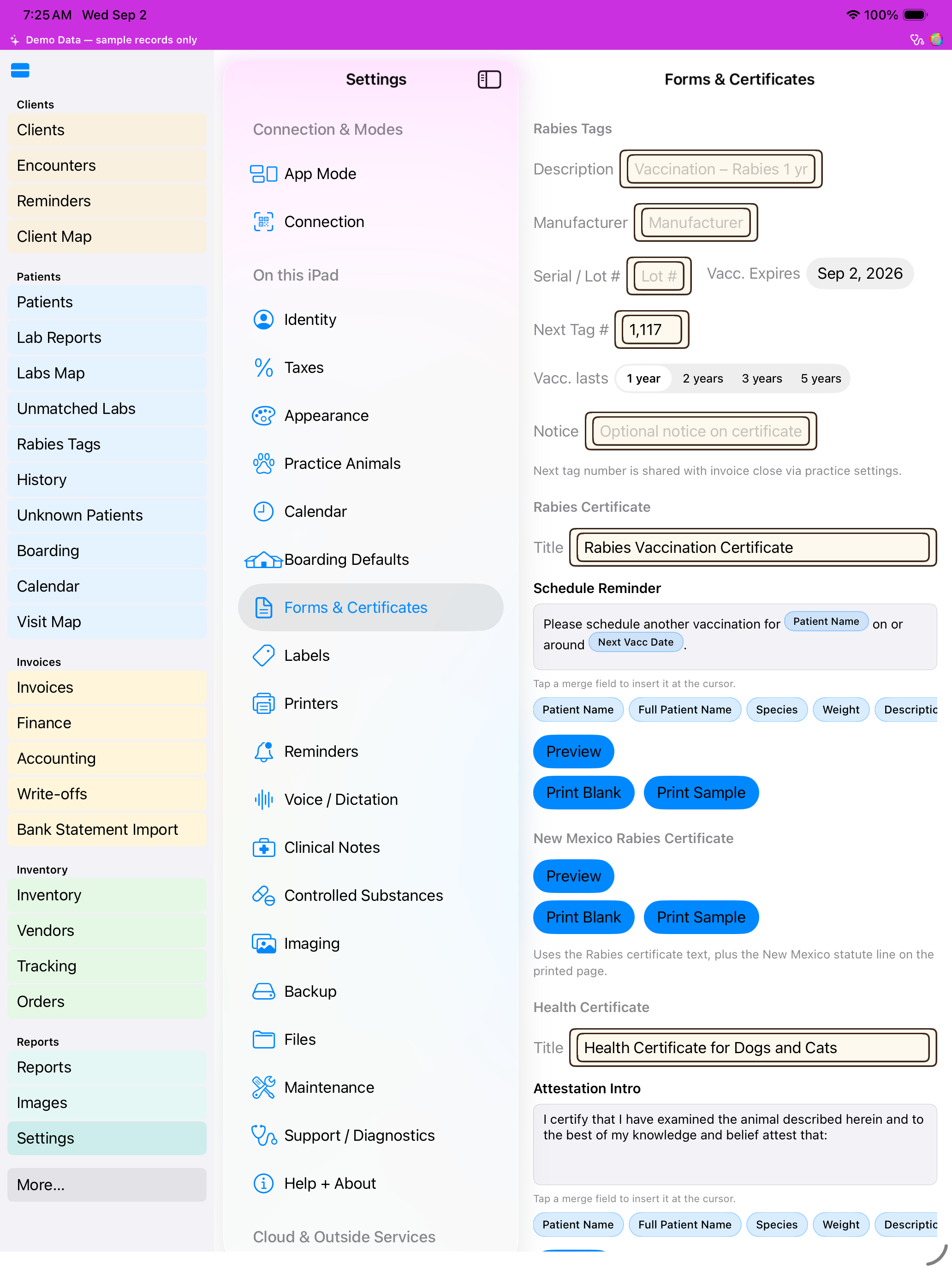 Settings — Forms & Certificates screenshot