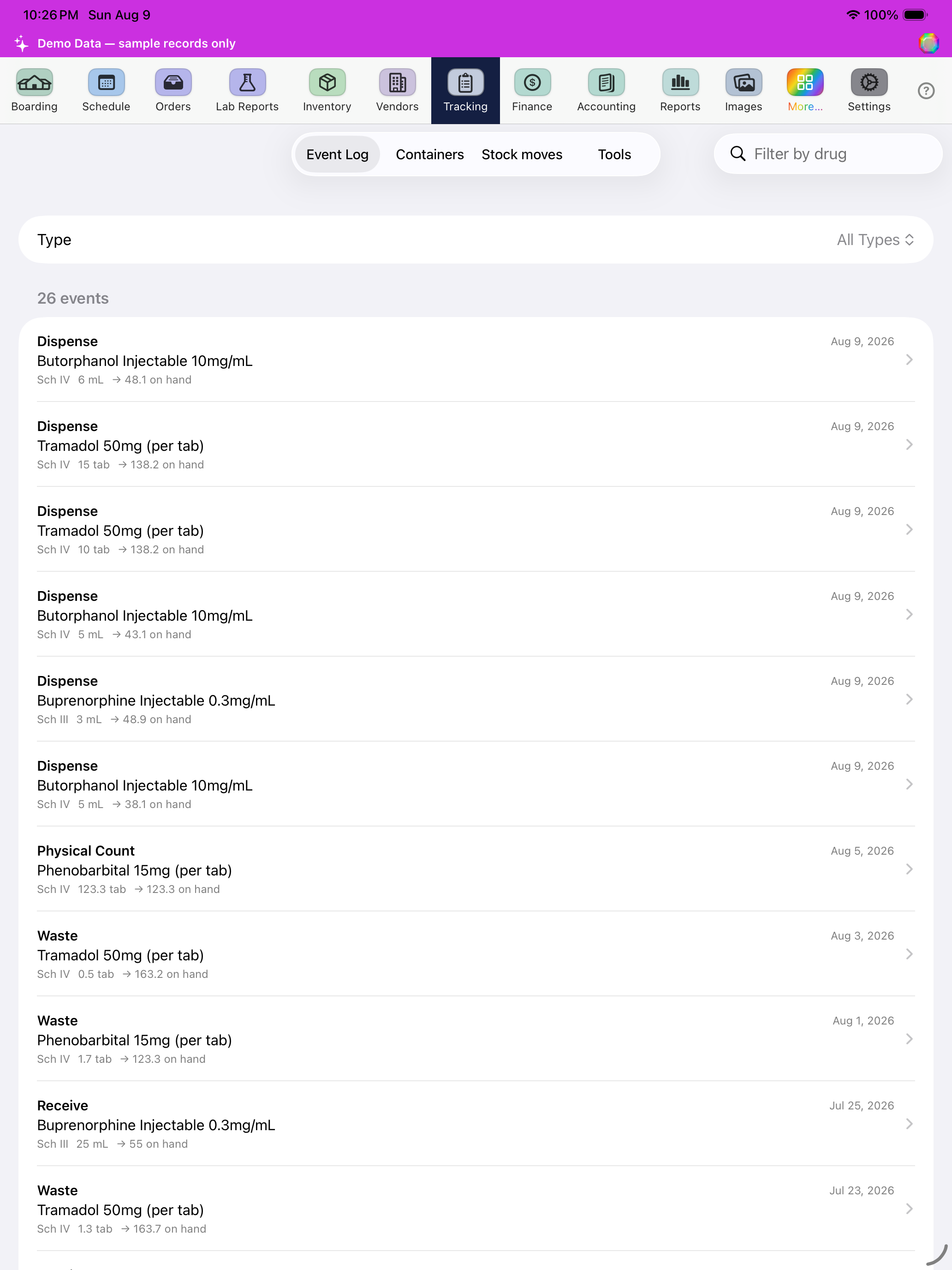 Tracking / Controlled Substances screenshot