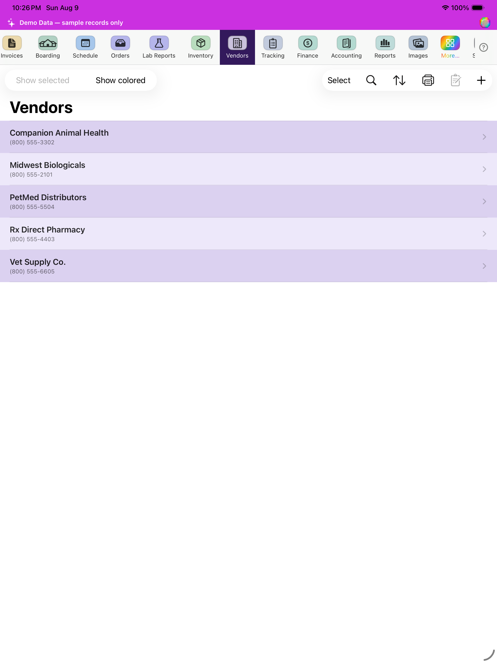 Vendors screenshot